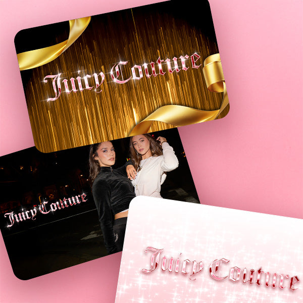 Three Juicy Couture gift cards on a pink background with gold ribbons and sparkles, with two women in tracksuits, and pink sparkles.