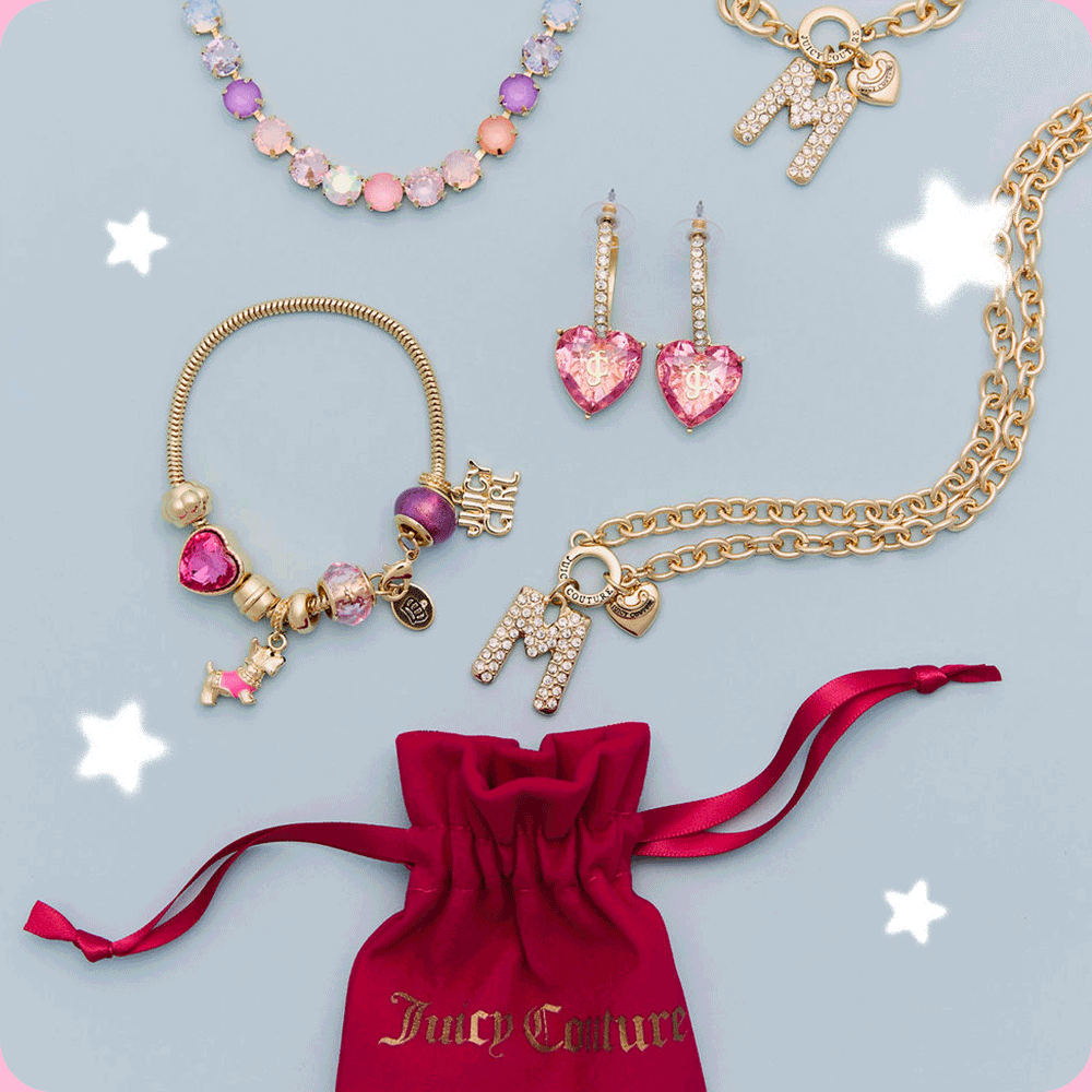 GIF of flatlay image of red jewelry bag with "Juicy Couture" in gold lettering placed with gold chain necklaces, charm bracelets, and earrings, with white stars rotating above.