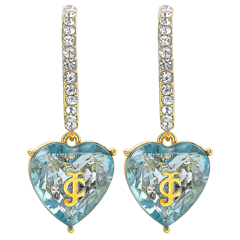 Adorn your look with the Heart Charm Hoop Earrings from Juicy Couture, featuring heart-shaped blue gemstones accented with sparkling clear crystals on the hook and a signature gold monogram at the center of each heart. These earrings offer an elegant yet playful accent—an eye-catching choice for anyone seeking striking heart jewelry.