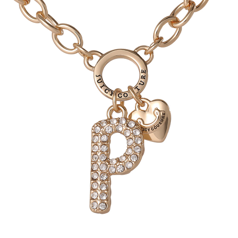 Bubble Initial Necklace, Letter P: A gold chain necklace featuring a crystal-studded bubble letter “P” charm and a small heart-shaped Juicy Couture engraved charm—the perfect personalized jewelry piece for Y2K aesthetic lovers.