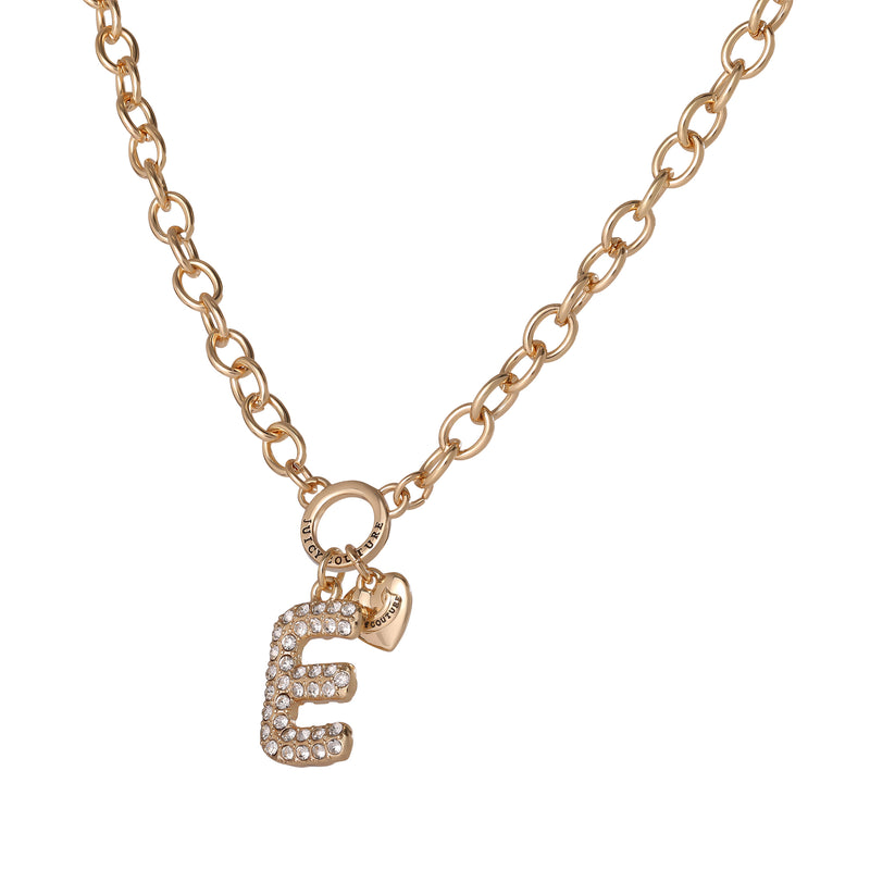Bubble Initial Necklace, Letter E: This gold chain necklace features a sparkling crystal-studded bubble letter “E” pendant paired with a petite gold heart charm, both suspended from a classic round link. A bold and playful piece of personalized jewelry that captures the signature Y2K vibe.