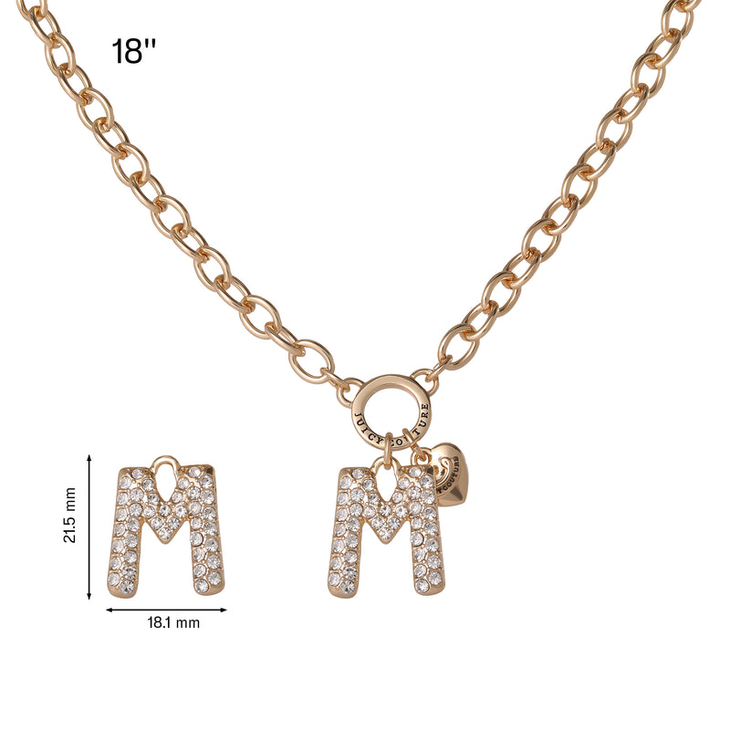 Gold chain Bubble Initial Necklace featuring two crystal-studded M pendants, each measuring 21.45mm by 18.1mm, with an 18-inch chain length indicated in the top left corner. This personalized Letter M jewelry channels classic Y2K initial necklace vibes for a bold yet chic statement.