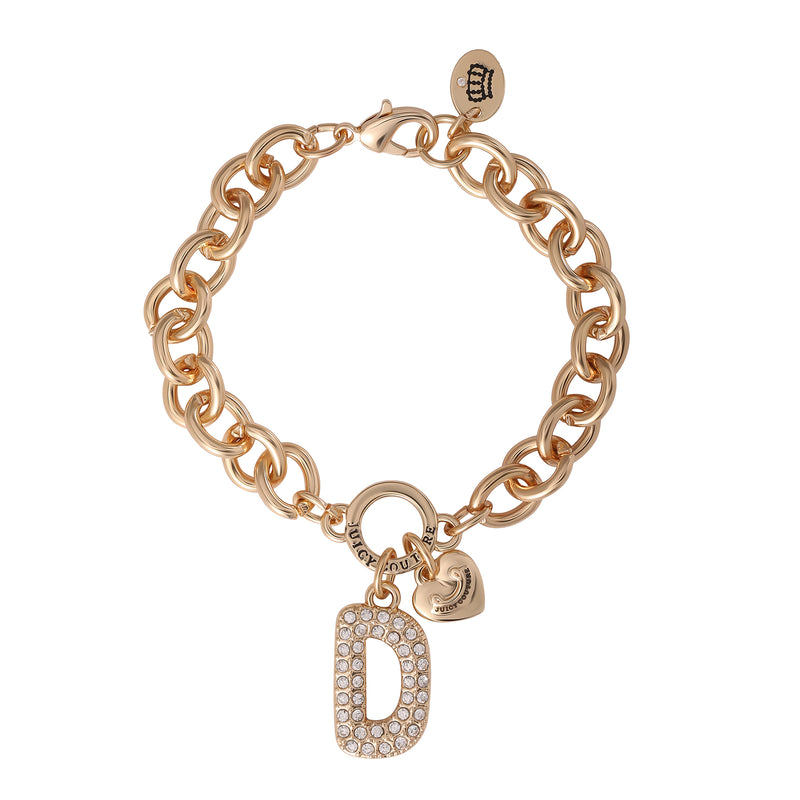 Pavé Initial Charm Bracelet, Letter D: This gold chunky bracelet features a large pavé crystal-encrusted letter D charm alongside a small gold heart charm. Designed with a secure lobster clasp and adorned with a round Dior-engraved tag near the closure, this stunning charm jewelry piece brings an elegant yet playful aesthetic reminiscent of iconic Juicy Couture bracelet styles.