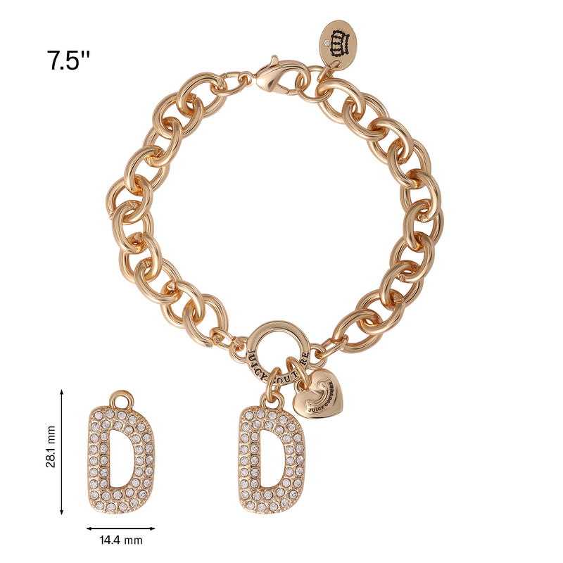Introducing the Pavé Initial Charm Bracelet, Letter D: a gold chunky bracelet featuring a heart charm, circular clasp, and two detachable crystal-encrusted “D” letter charms. Measuring 7.5 inches in length, each charm stands 28.1 mm tall and 14.4 mm wide. Inspired by iconic Juicy Couture designs, this statement accessory adds a stylish touch to any outfit.