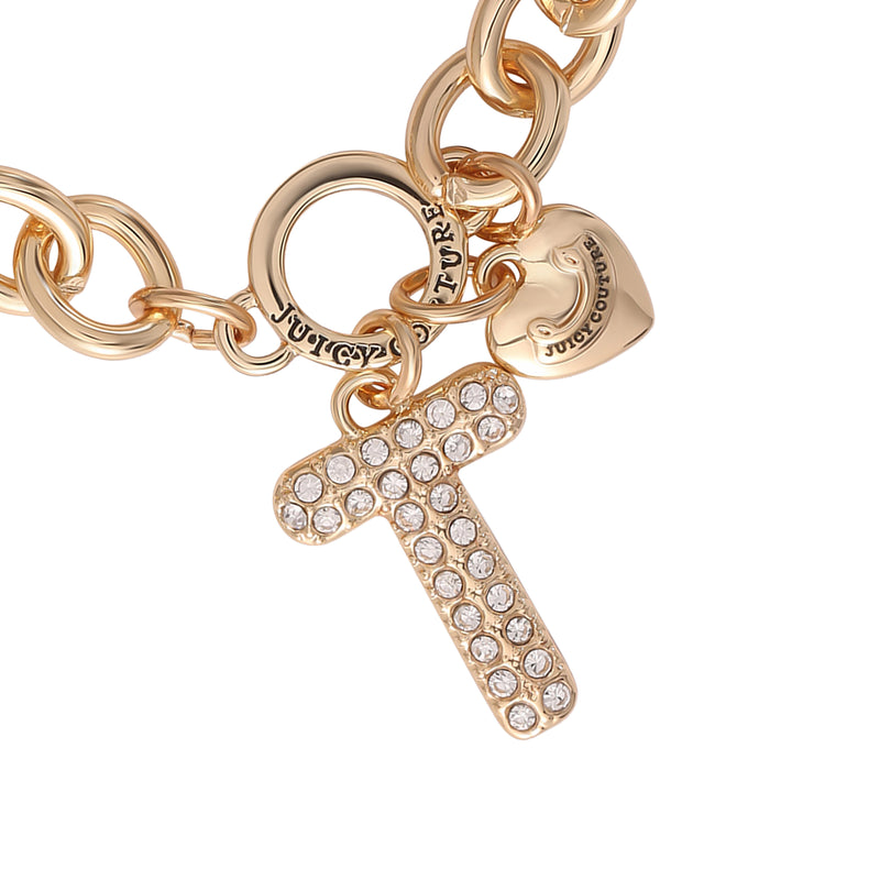 Introducing the Pavé Initial Charm Bracelet, Letter T—this gold chunky chain bracelet features a sparkling pavé letter T charm and a heart charm engraved with Juicy Couture, making it a true statement piece in charm jewelry.