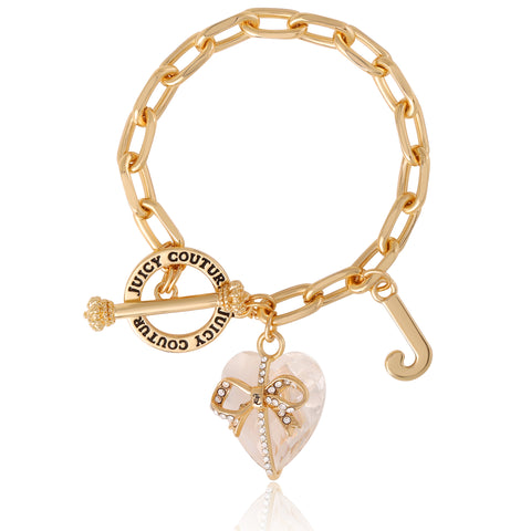 Heart Stone & J Charm Bracelet - Goldtone Light Pink Pendant - Juicy Couture