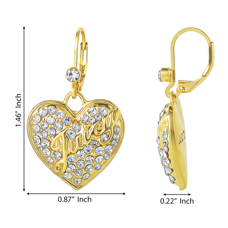 Crystal Heart Charm Dangle Earrings in a gold heart-shaped design with Juicy script and clear crystals, shown from the front and side. These Juicy Couture earrings measure 1.46″ high, 0.87″ wide, and 0.22″ thick. Featuring a lever-back clasp accented by a single gemstone at the top, these sparkling crystal heart jewelry pieces add a glamorous touch to any look.