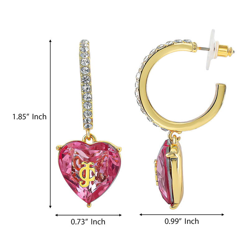 Gold-tone Heart Charm Hoop Earrings by Juicy Couture featuring heart-shaped pink gemstones and small crystals on the hoops. These statement earrings measure 1.85 inches in length, with a 0.99-inch diameter hoop and a heart charm that is 0.73 inches wide—making them the perfect sparkling gift for any occasion.