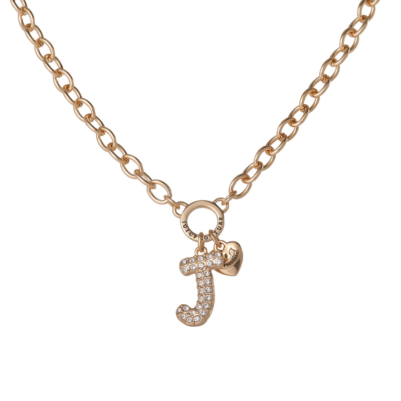 Bubble Initial Necklace, Letter J: This gold chain necklace features a jeweled bubble letter J pendant and a delicate gold heart charm dangling from a circular clasp—a playful, Y2K-inspired piece perfect for adding a personalized touch to your look.