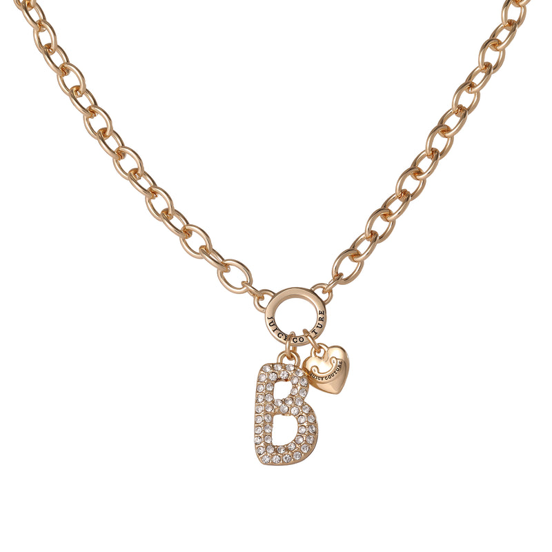 Bubble Initial Necklace, Letter B: Features a gold chain with a sparkling crystal-studded “B” bubble letter pendant and an attached heart charm on a round clasp—an ideal Y2K-inspired addition to your personalized jewelry collection.
