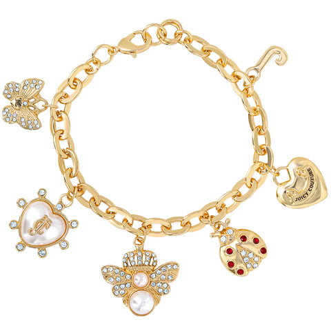 The Pearl & Icon Charm Bracelet features five gold-tone charms: a crystal butterfly, pearl heart with crystals, bee with pearls and crystals, red ladybug, and inscribed gold heart. Finished with an adjustable chain for the perfect fit.
