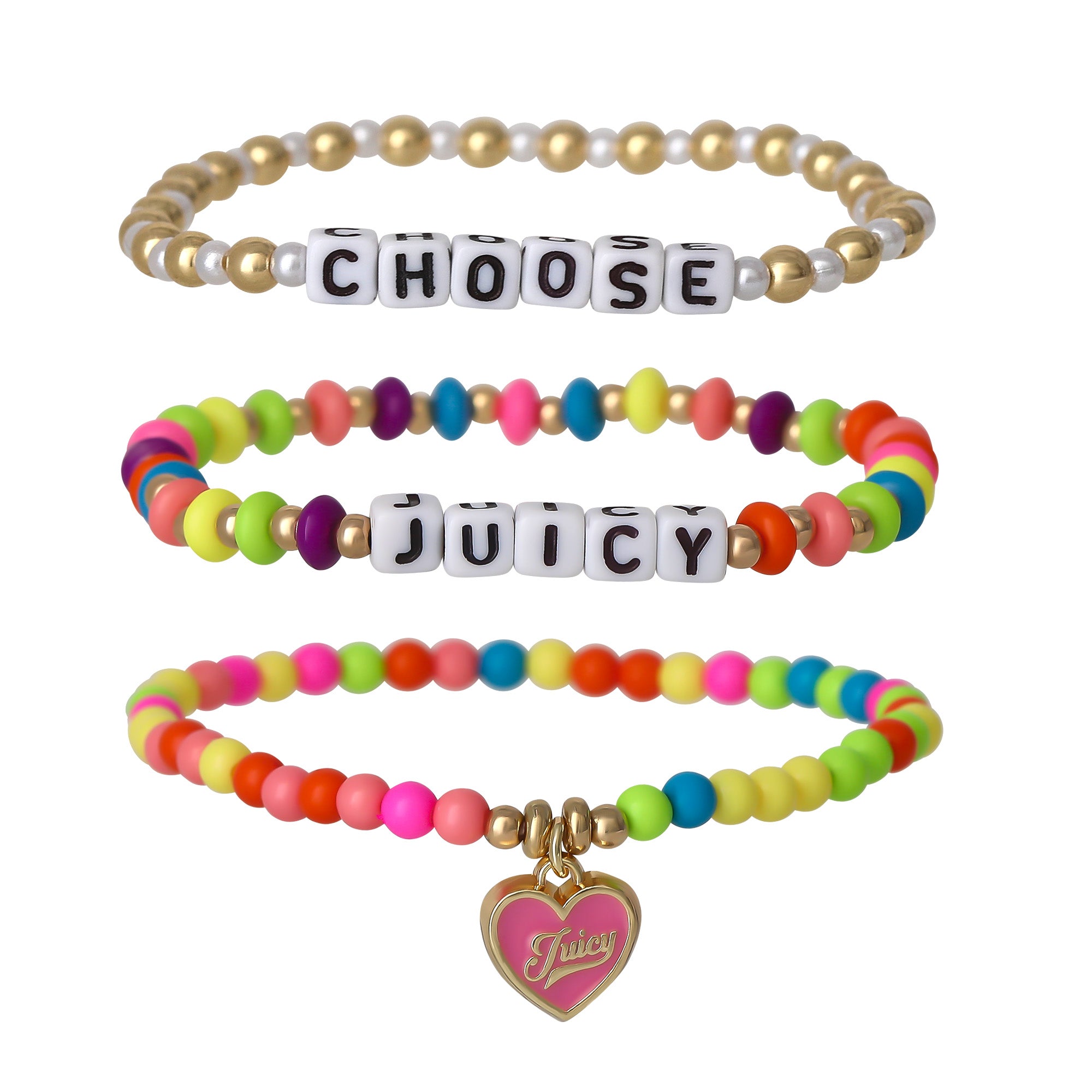 Kids Choose Juicy Heart Charm 3 Piece Stretch Beaded Bracelet Set