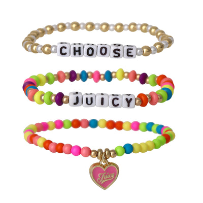 Kids Choose Juicy Heart Charm 3 Piece Stretch Beaded Bracelet Set