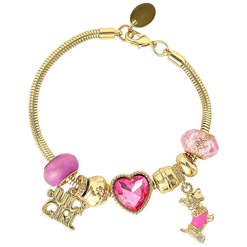 Introducing the Juicy Girl and Scottie Dog Charm Bracelet: a playful gold charm bracelet featuring pink and gold beads, a pink heart, JUICY GIRL lettering, and an adorable small dog charm—all set against a white background. This eye-catching Juicy Couture accessory is the perfect addition to your Y2K jewelry collection.
