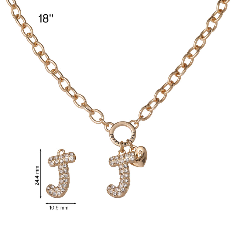 Introducing our Bubble Initial Necklace, Letter J—a gold chain necklace featuring a round clasp, a delicate gold heart charm, and a rhinestone-studded bubble letter J pendant. This personalized piece includes a matching J charm measuring 24.4 mm by 10.9 mm. At 18 inches long, it’s the perfect Y2K-inspired accessory for everyday wear or special occasions.