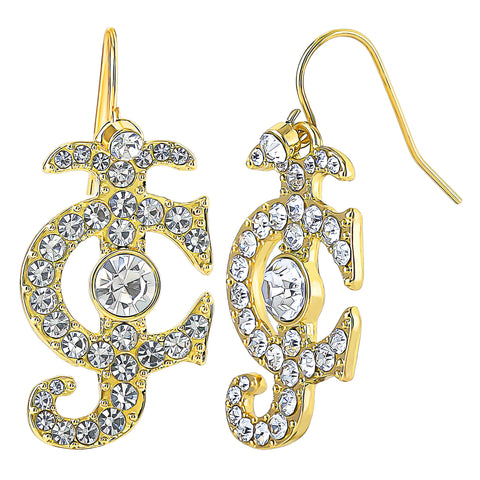 Rhinestone Logo Drop Earrings, shaped like a stylized letter C and adorned with clear rhinestones, feature a gold finish and secure hook closure. Set against a white background, these earrings offer timeless statement jewelry style.