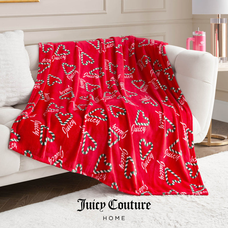 Plush Throw Blanket - Candy Cane Hearts Red - Juicy Couture