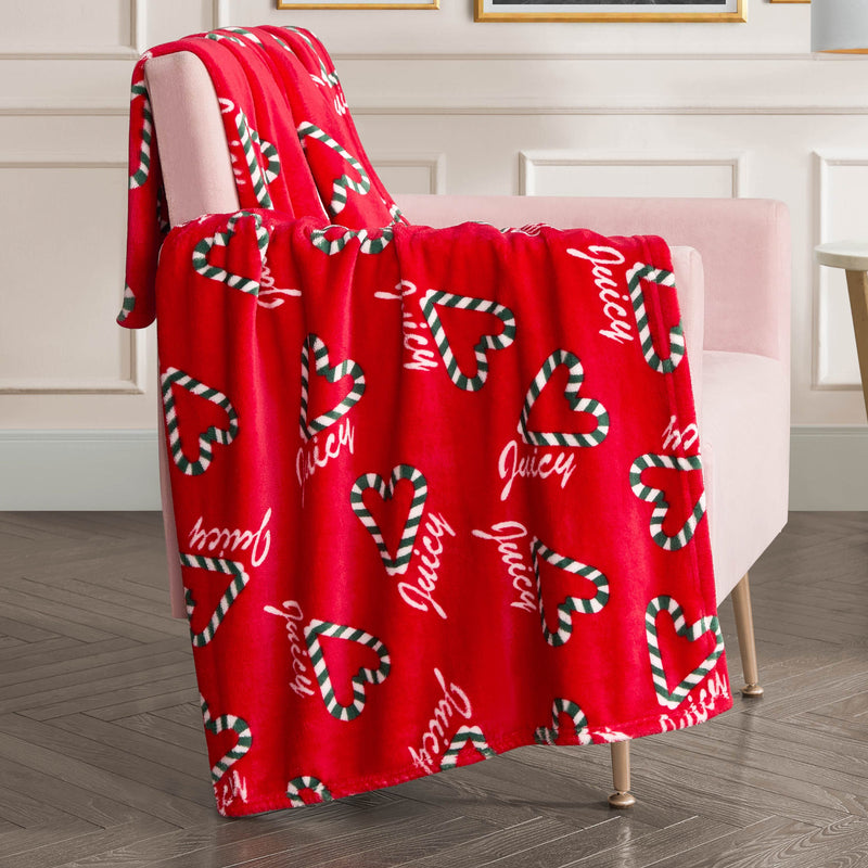 Plush Throw Blanket - Candy Cane Hearts Red - Juicy Couture