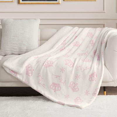 Plush Reversible Sherpa Throw Blanket - White Snowflake Script - Juicy Couture