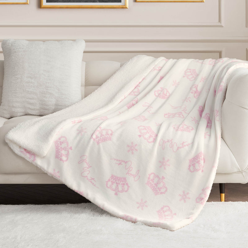 Plush Reversible Sherpa Throw Blanket - White Snowflake Script - Juicy Couture