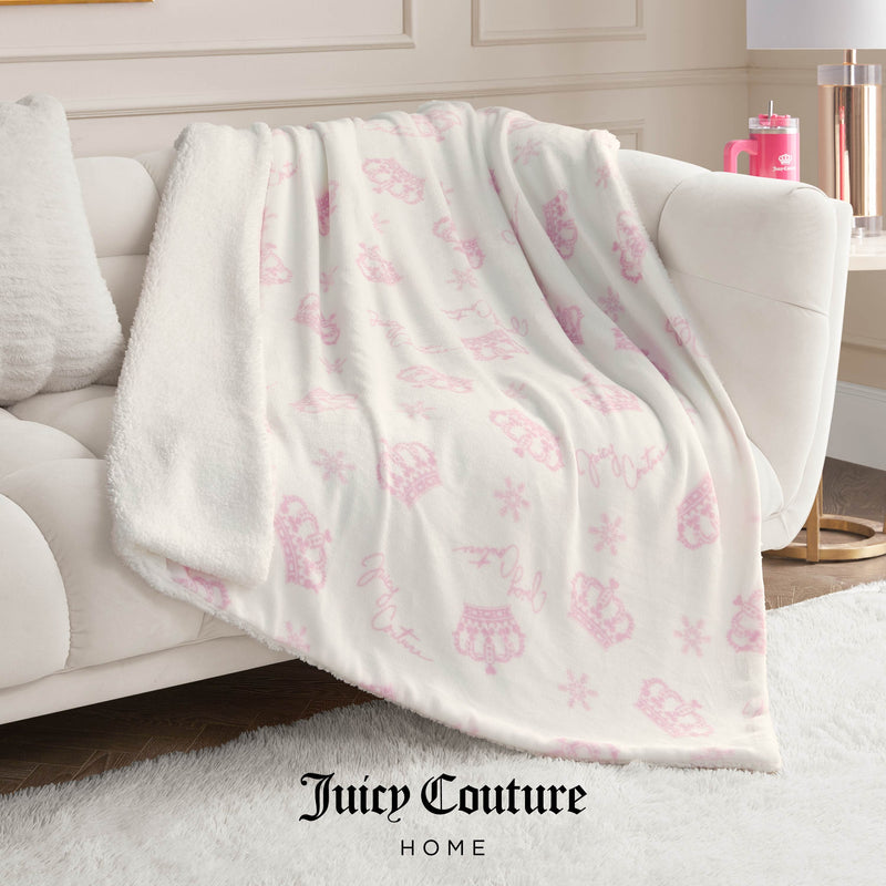 Plush Reversible Sherpa Throw Blanket - White Snowflake Script - Juicy Couture