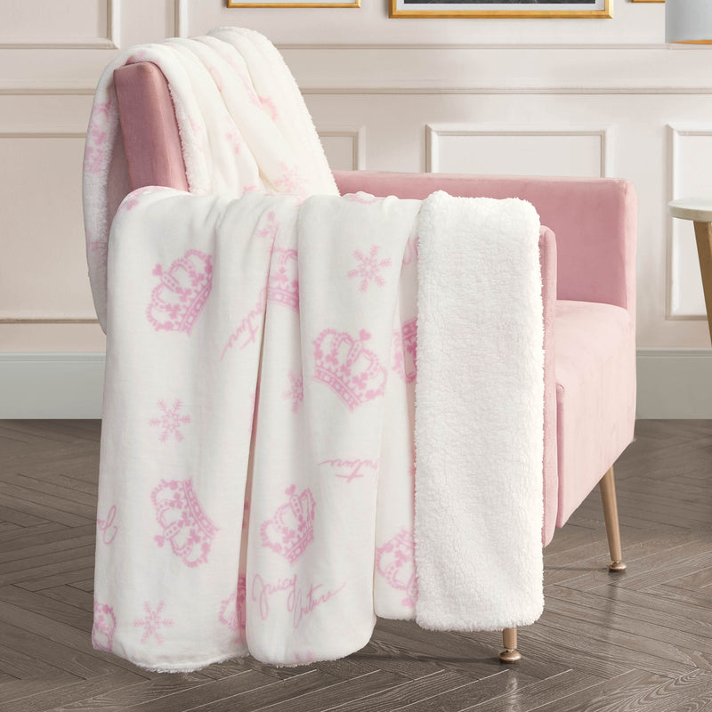 Plush Reversible Sherpa Throw Blanket - White Snowflake Script - Juicy Couture
