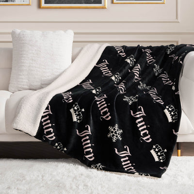 Plush Reversible Sherpa Throw Blanket - Black Diagonal - Juicy Couture