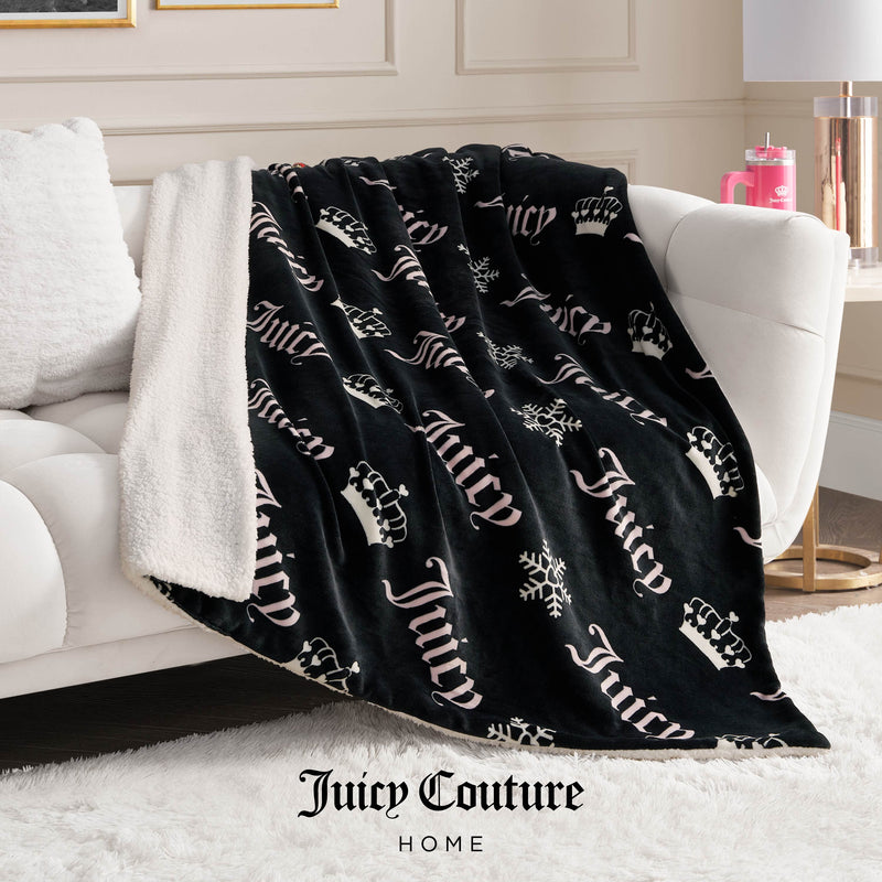 Plush Reversible Sherpa Throw Blanket - Black Diagonal - Juicy Couture