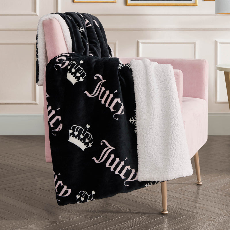 Plush Reversible Sherpa Throw Blanket - Black Diagonal - Juicy Couture