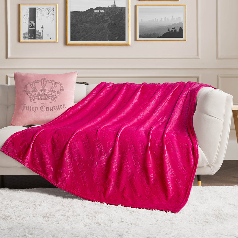 Embossed Plush Throw Blanket - Hot Pink Embossed Diagonal Logo - Juicy Couture