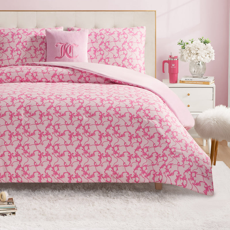 Solid Plush Reversible Cheetah Bows Comforter Set - Pink/Gothic Leopard - Juicy Couture