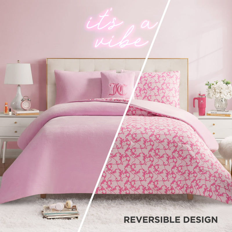 Solid Plush Reversible Cheetah Bows Comforter Set - Pink/Gothic Leopard - Juicy Couture