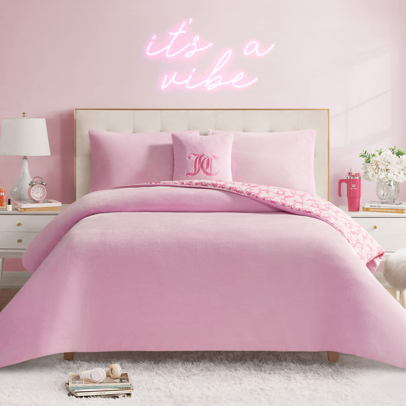 Solid Plush Reversible Cheetah Bows Comforter Set - Pink/Gothic Leopard - Juicy Couture