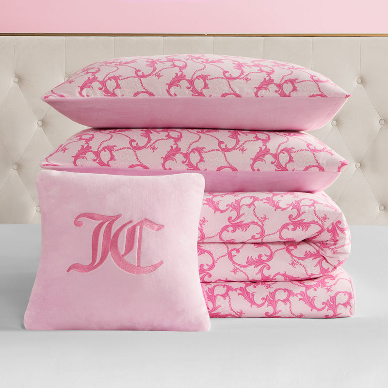 Solid Plush Reversible Cheetah Bows Comforter Set - Pink/Gothic Leopard - Juicy Couture