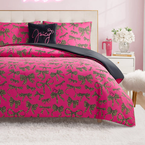 Solid Plush Reversible Cheetah Bows Comforter Set - Black/Cheetah Bows - Juicy Couture
