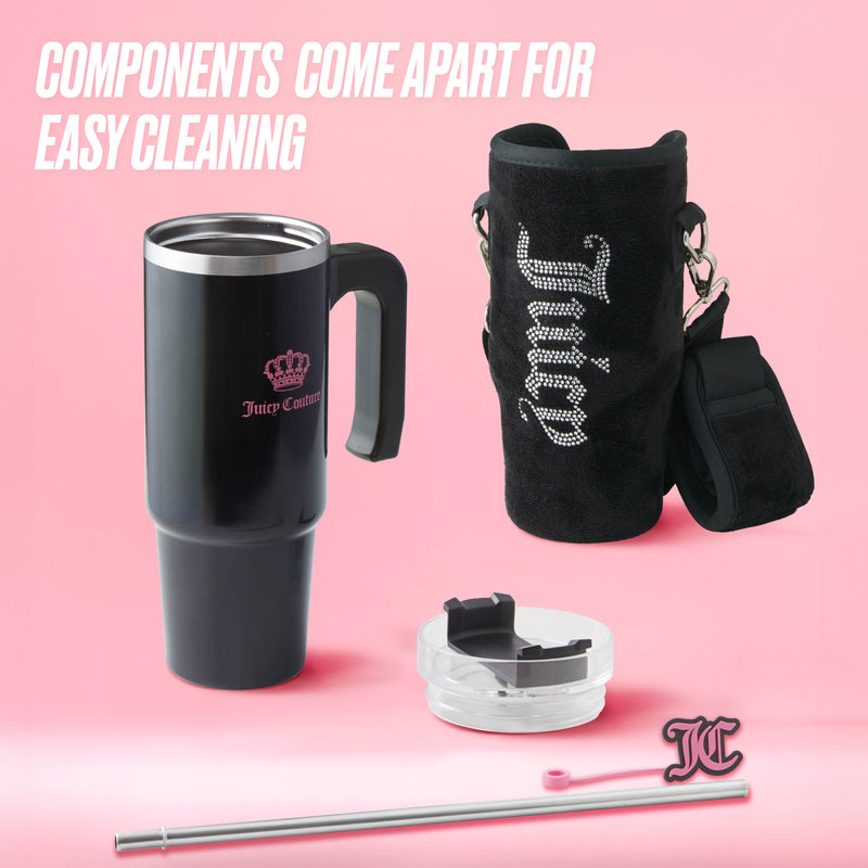 Jetsetter Hydration Stainless Steel Tumbler with handle features a clear lid, silver straw with pink tip, and black neoprene crossbody pouch. Components come apart for easy cleaning on a pink background.