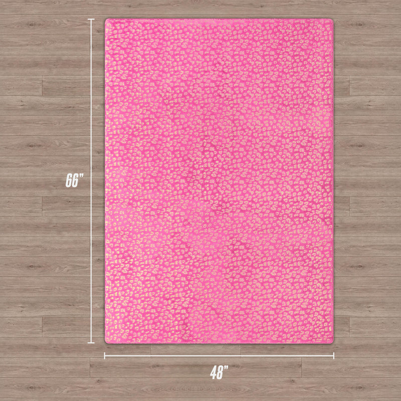 Metallic Leopard Plush Rug, 4' x 6', shown on a wooden floor. The rug features a plush texture with a metallic leopard pattern. Dimensions are labeled: 72 inches long and 48 inches wide.