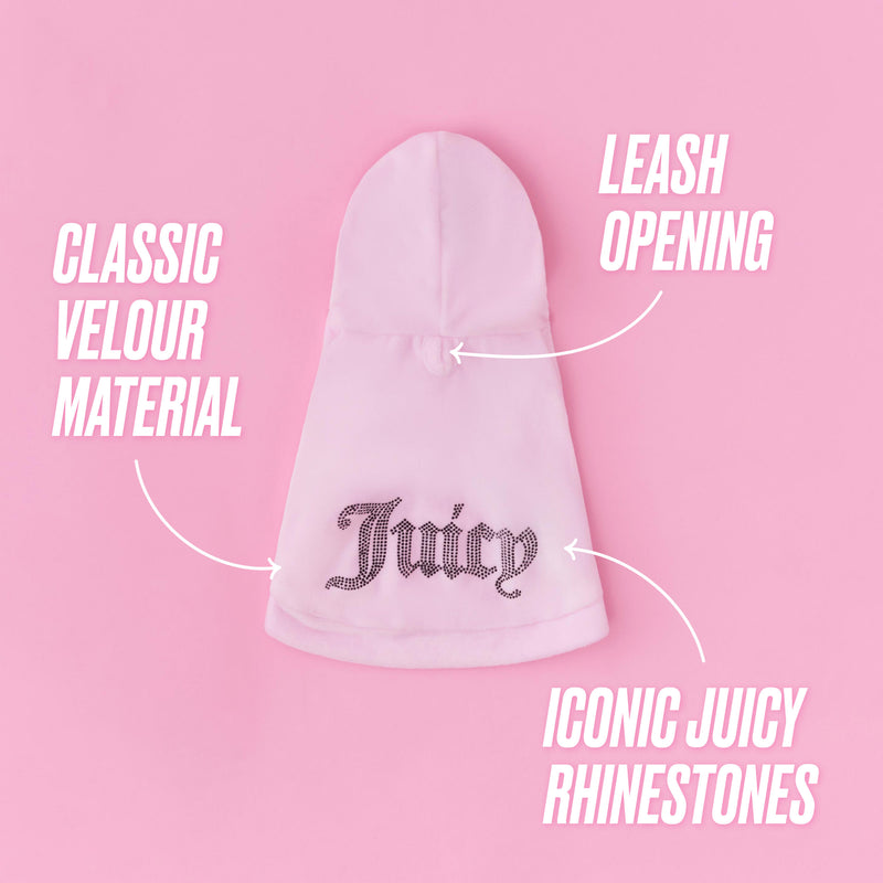 Introducing the Bling Velour Pet Hoodie—a designer pet apparel piece in pink velour, featuring sparkling “Juicy” rhinestones, a convenient leash opening, and the classic Juicy Couture style. This solid pink hoodie is perfect for adding some glam to your pet’s wardrobe.
