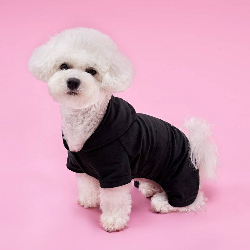 A small white fluffy dog wearing the Bling Velour Pet Tracksuit sits on a pink background, looking toward the camera and effortlessly showcasing the latest in pet fashion.