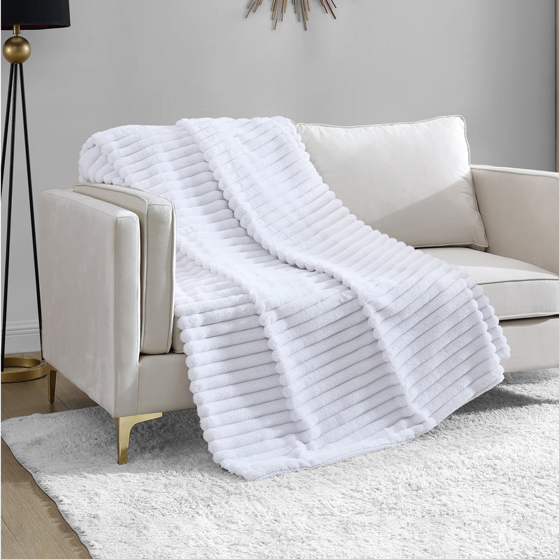 Ribbed Faux Fur Throw Blanket - White - Juicy Couture