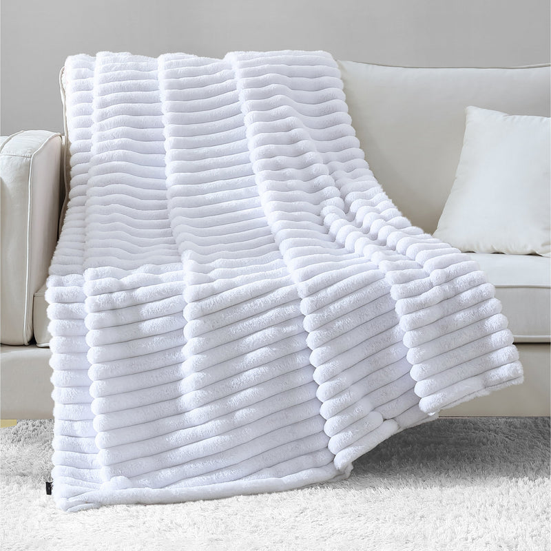Ribbed Faux Fur Throw Blanket - White - Juicy Couture
