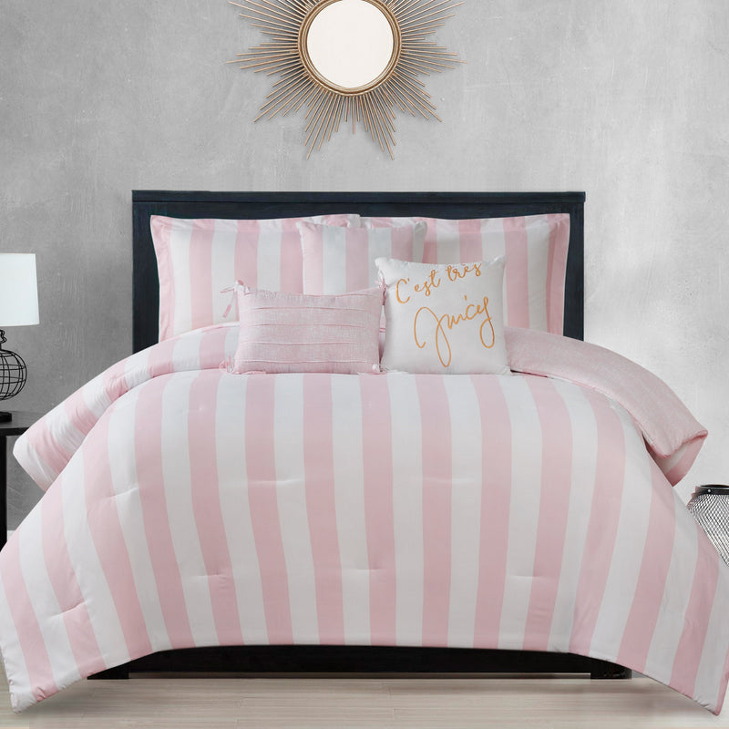 Cabana Striped Reversible Comforter Set - White/Dogwood Pink - Juicy Couture