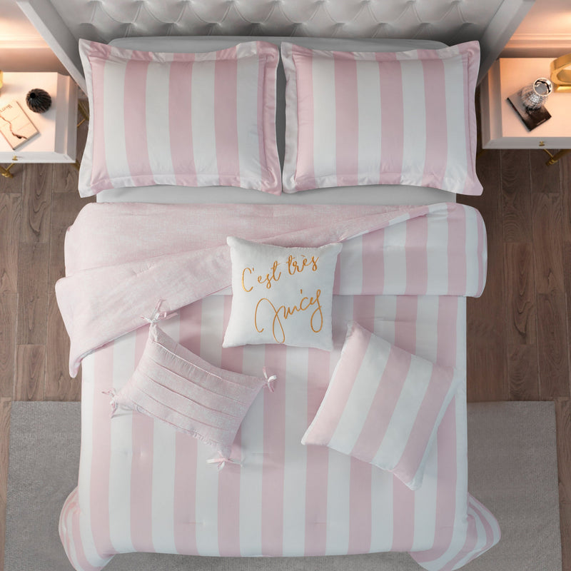 Cabana Striped Reversible Comforter Set - White/Dogwood Pink - Juicy Couture