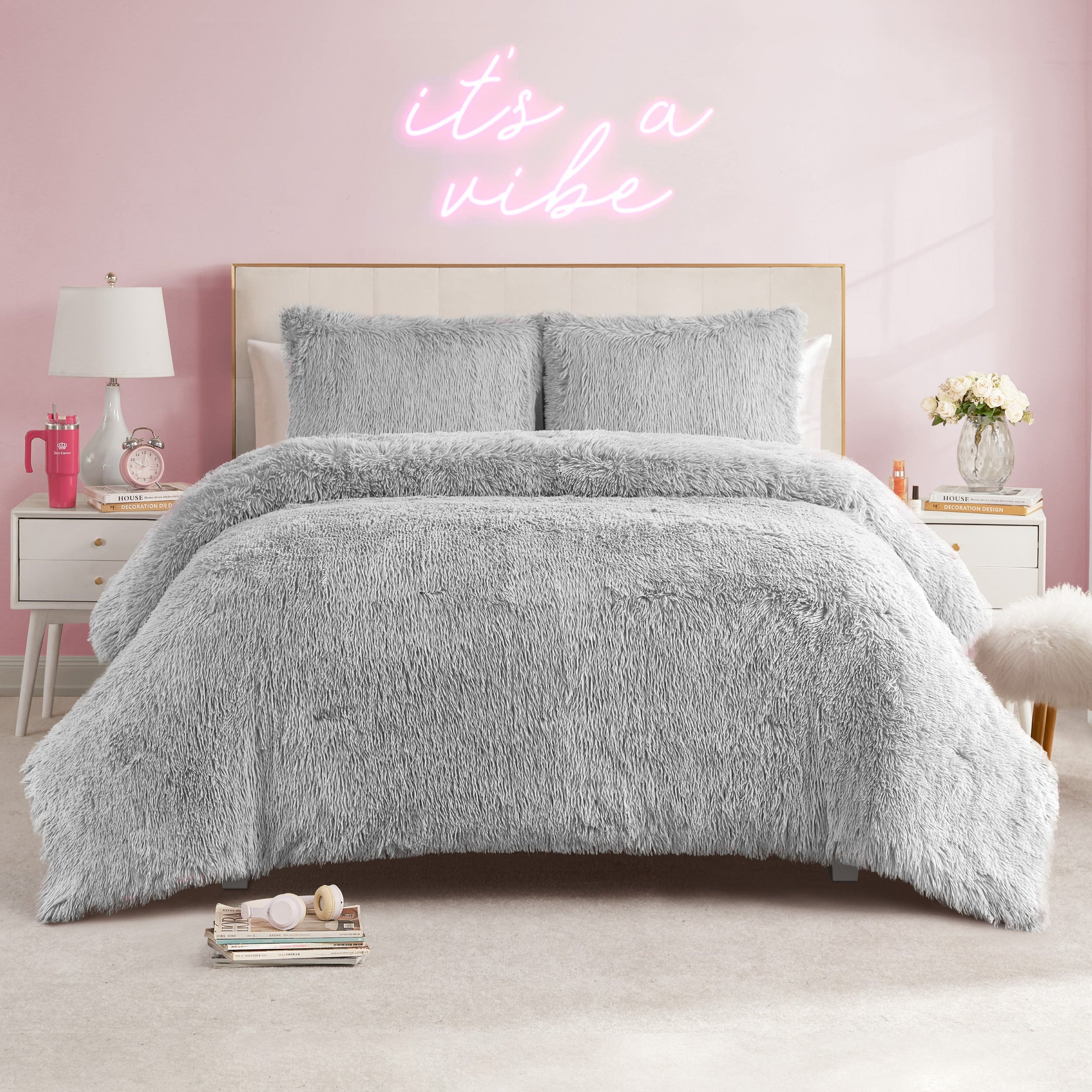 Shaggy Faux Fur Comforter Set - Gray - Juicy Couture