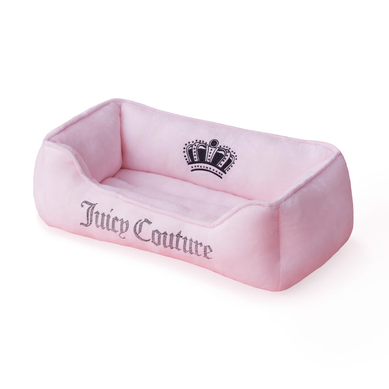 Product Name: Crown Bling Black Pet Bed Rewritten sentence: A cozy pet bed in light pink velour, featuring “Juicy Couture” written in gray script on the front and a black crown design with subtle bling accents on the backrest, called the Crown Bling Black Pet Bed.