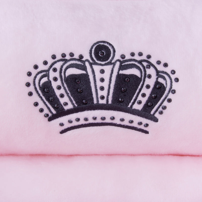 The Crown Bling Black Pet Bed features a black embroidered crown design with dotted and decorative details on a soft, light pink velour background—perfect for adding subtle bling accents to your space.