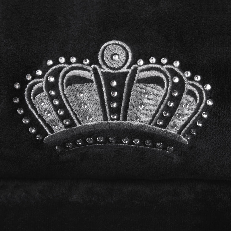 A silver embroidered crown with jewel-like accents on a black velvet background, inspired by the Crown Bling Black Pet Bed—a luxurious bed ideal for small to medium pets.