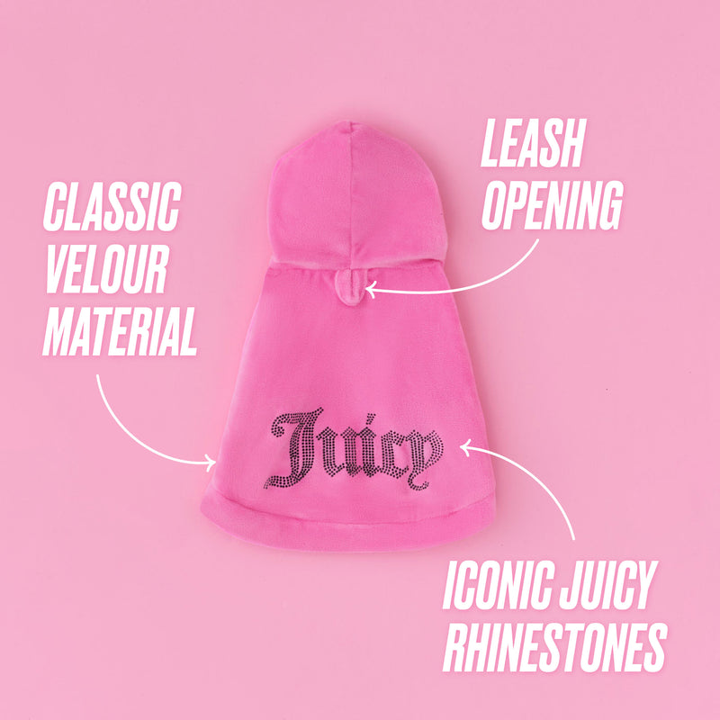The Bling Velour Pet Hoodie is a pink velour dog hoodie featuring “Juicy” in rhinestones on the back, a convenient leash opening at the neck, and stylish text highlighting its material and signature detailing—making this Juicy Couture pet hoodie the ultimate in designer pet apparel.