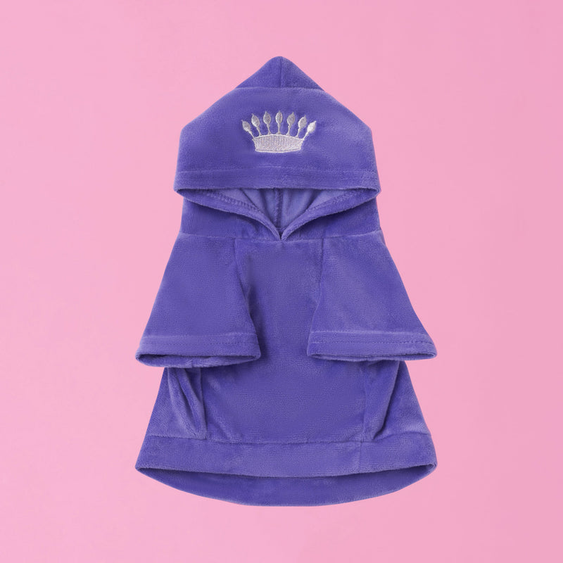 A Bling Velour Pet Hoodie in purple, featuring wide sleeves and a silver crown embroidered on the hood, displayed on a pink background—perfect for fans of designer pet apparel.
