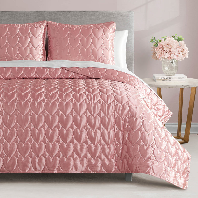 Satin Heart Stitched Quilt Set - Rose Pink - Juicy Couture